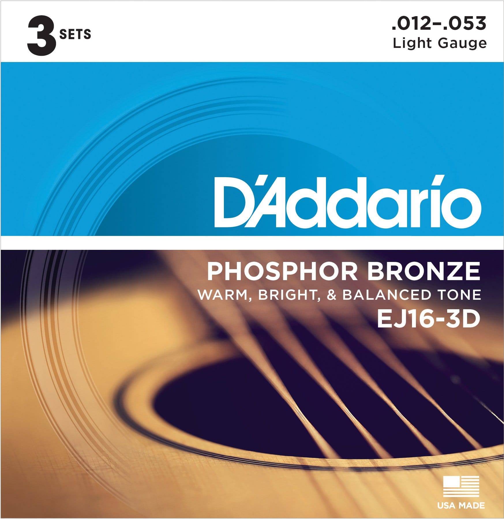 Product Image of D’Addario EJ16-3D Phosphor Bronze Acoustic Guitar Strings, Light Tension