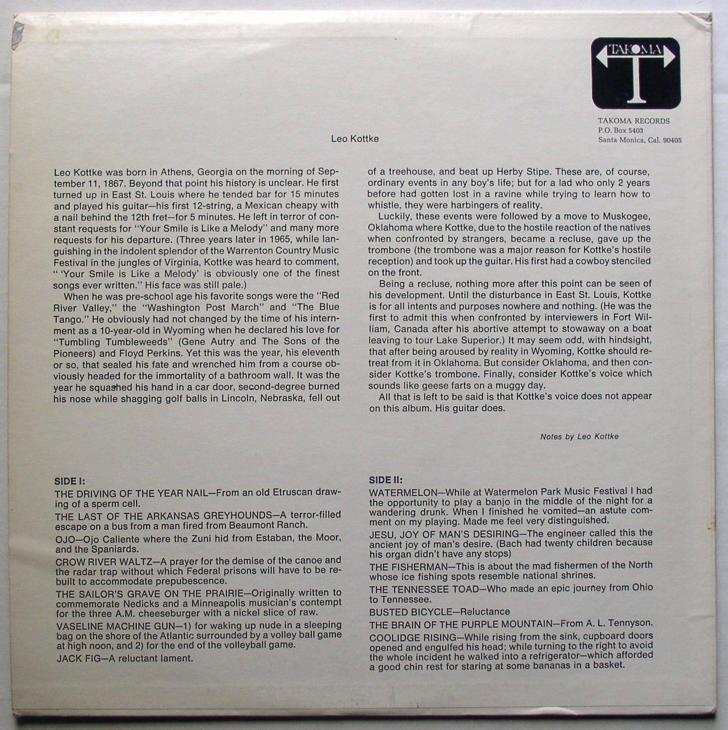 Vinyl liner notes for Leo Kottke's "6- and 12-string Guitar"