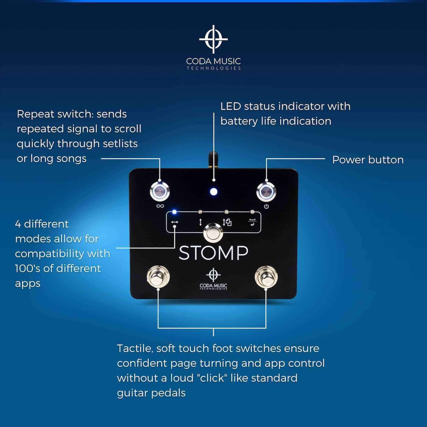 Diagram of STOMP Bluetooth 4.0 foot switch settings