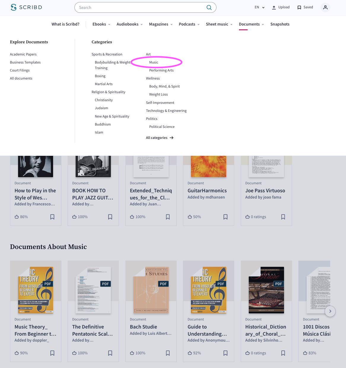 Scribd.com Music category view